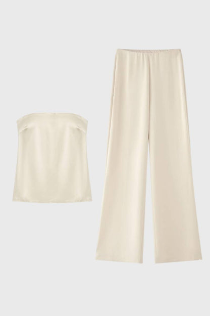 2-Delige Set Dames - Strapless Top met Wijde Broek | Elegant  — Crème