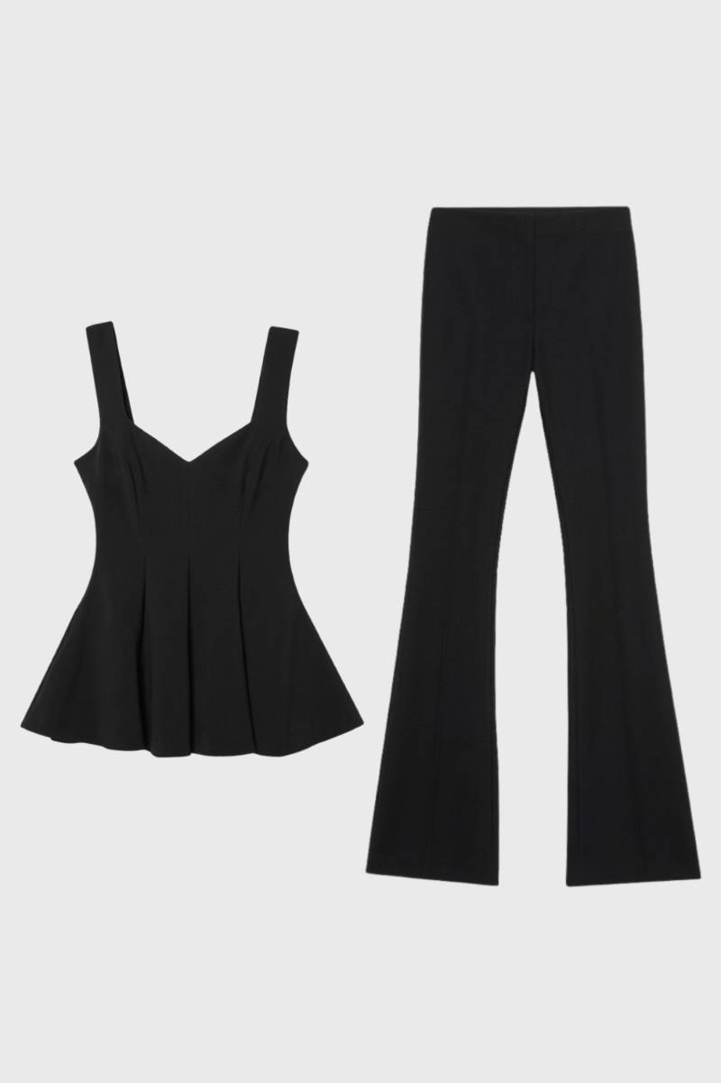 2-Delige Set Dames - V-hals Top met Wijde Broek | Geplisseerd — Zwart