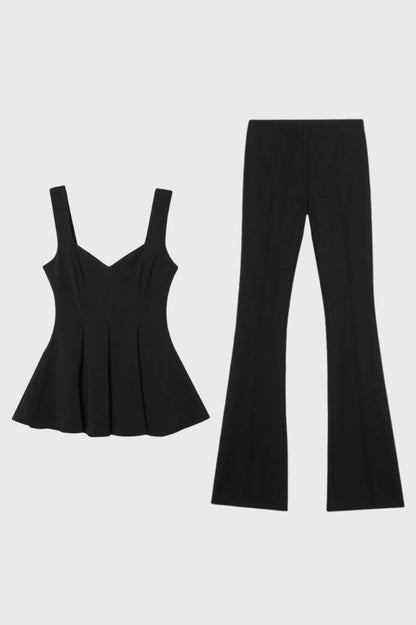2-Delige Set Dames - V-hals Top met Wijde Broek | Geplisseerd — Zwart