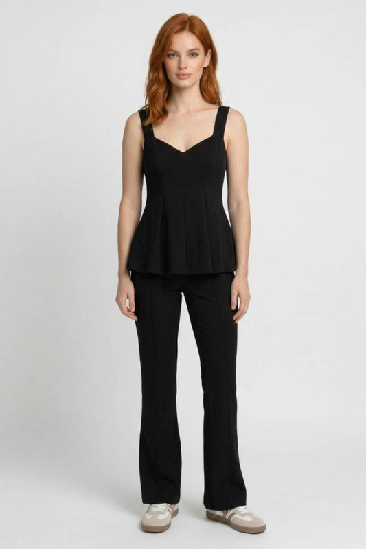 2-Delige Set Dames - V-hals Top met Wijde Broek | Geplisseerd — Zwart