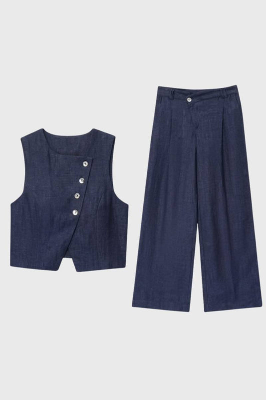 2-Delige Set Dames - Vest met Wijde Broek | Asymmetrische — Navy