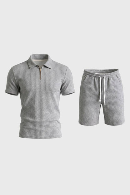 2-Delige Set Heren - Geribde Polo met Shorts | Comfortabel — Grijs