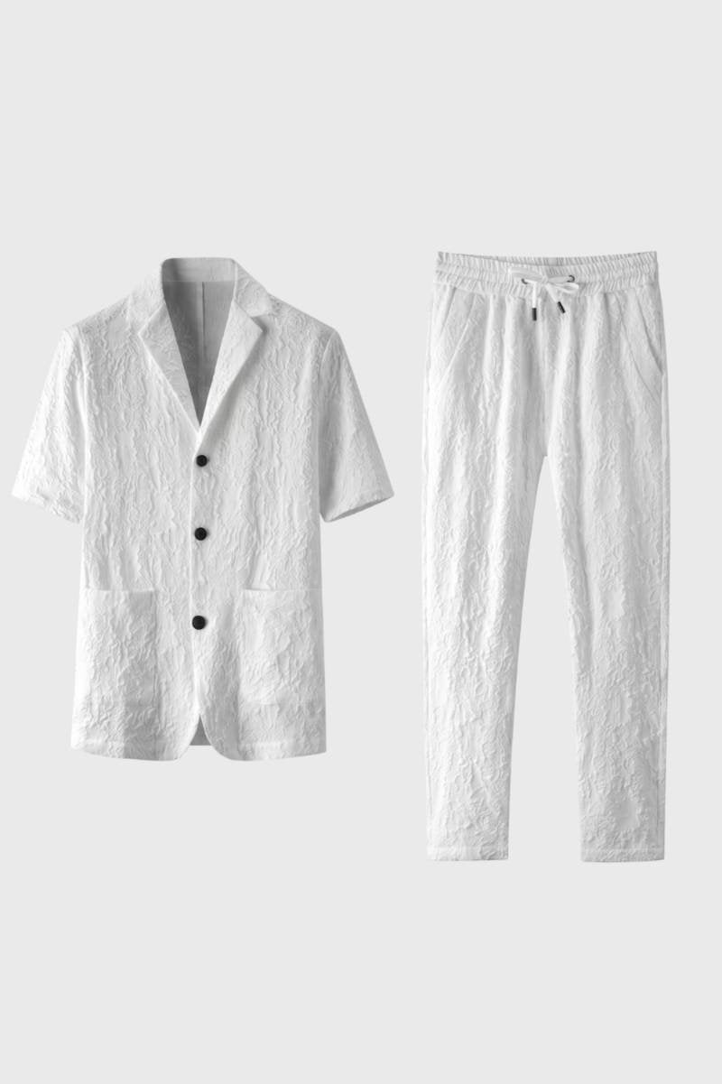 2-Delige Set Heren - Korte Mouw Overhemd met Trekkoord Broek | Textuur — Wit