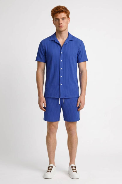 2-Delige Set Heren - Overhemd met Korte Broek | Gestreept — Blauw