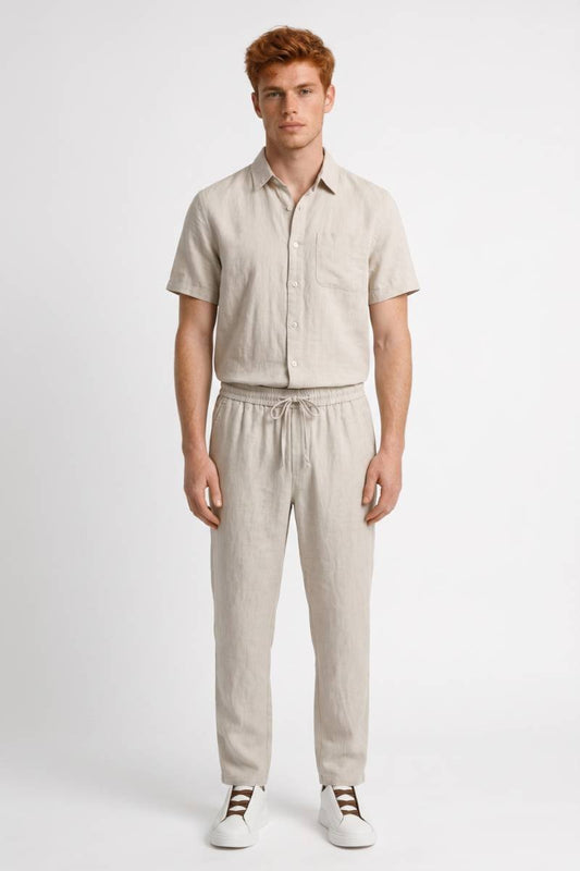 2-Delige Set Heren - Overhemd met Trekkoord Broek | Luchtig — Beige