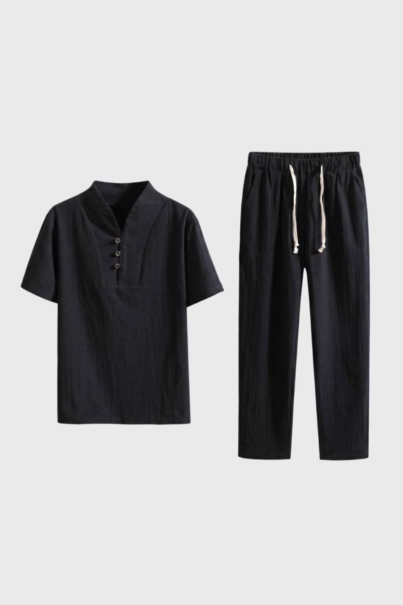 2-Delige Set Heren - Polo met Rechte Broek | Trekkoord — Zwart