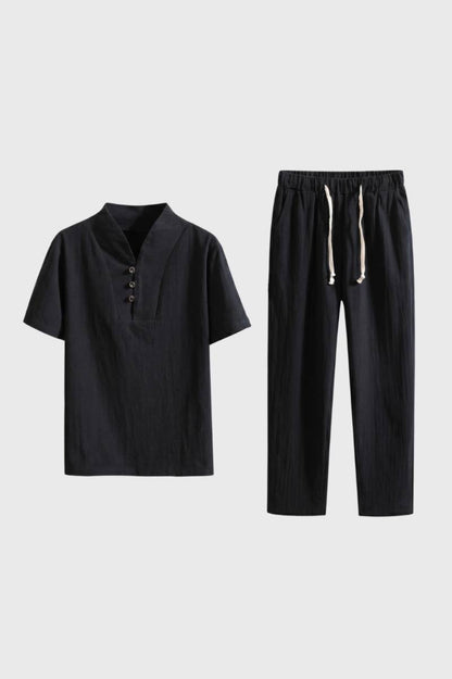 2-Delige Set Heren - Polo met Rechte Broek | Trekkoord — Zwart