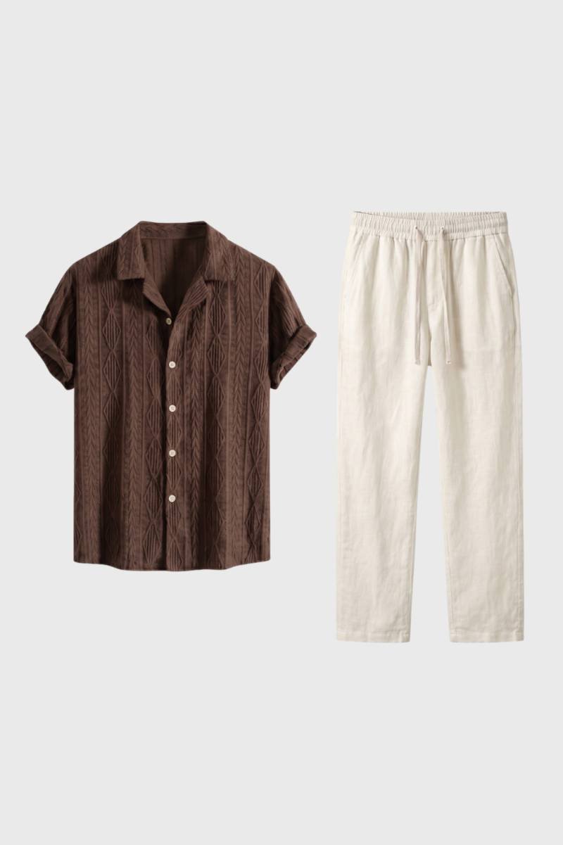 2-Delige Set Heren - Textuur Overhemd met Wijde Broek | Comfortabel — Bruin