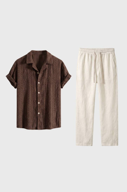 2-Delige Set Heren - Textuur Overhemd met Wijde Broek | Comfortabel — Bruin