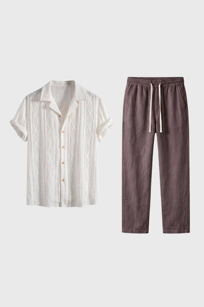 2-Delige Set Heren - Textuur Overhemd met Wijde Broek | Comfortabel — Wit