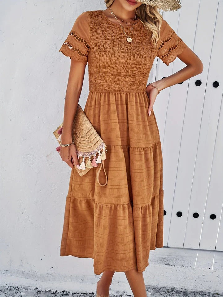Anouk - Boho Bruiloft Gastenjurk Dames met Ronde Hals en Gesmockt Lijfje