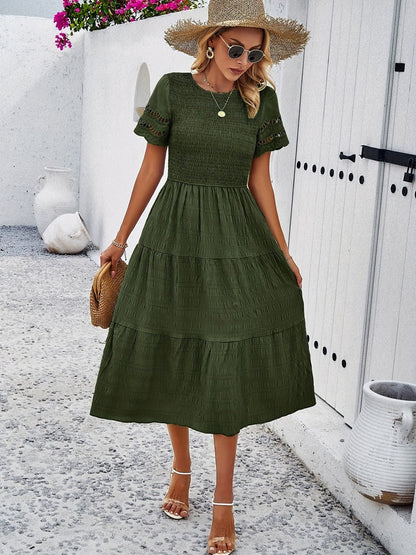 Anouk - Boho Bruiloft Gastenjurk Dames met Ronde Hals en Gesmockt Lijfje