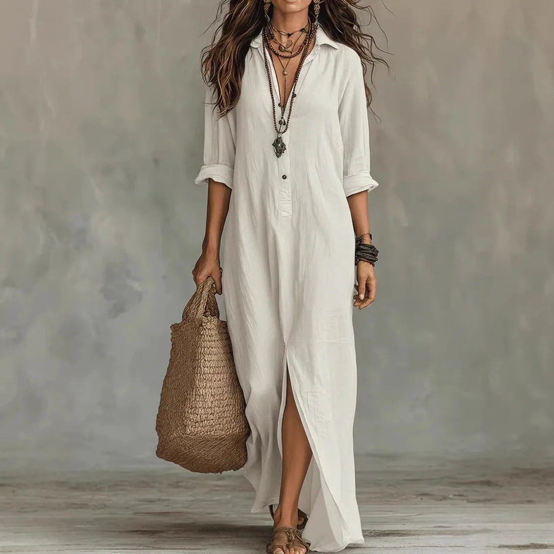 Anouk - Boho Linnen Maxi Jurk Dames met Hemdkraag en Knoopsluiting