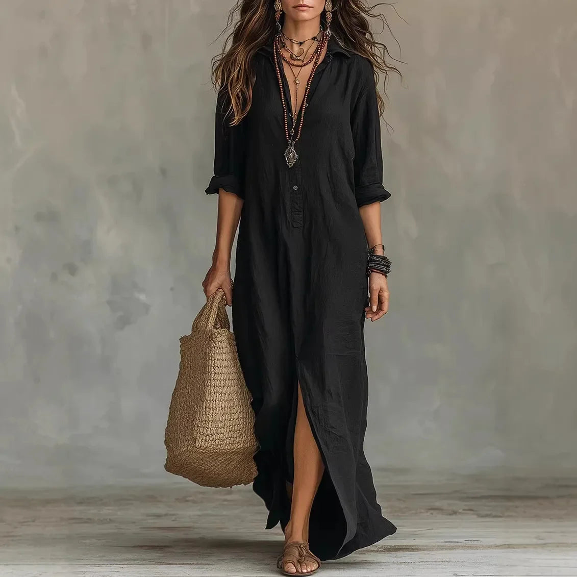 Anouk - Boho Linnen Maxi Jurk Dames met Hemdkraag en Knoopsluiting