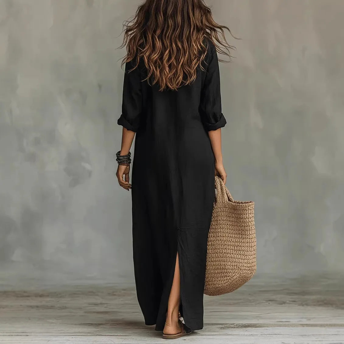 Anouk - Boho Linnen Maxi Jurk Dames met Hemdkraag en Knoopsluiting