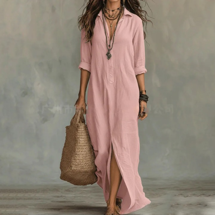 Anouk - Boho Linnen Maxi Jurk Dames met Hemdkraag en Knoopsluiting