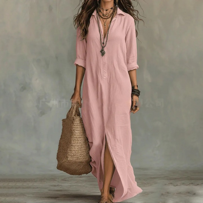 Anouk - Boho Linnen Maxi Jurk Dames met Hemdkraag en Knoopsluiting