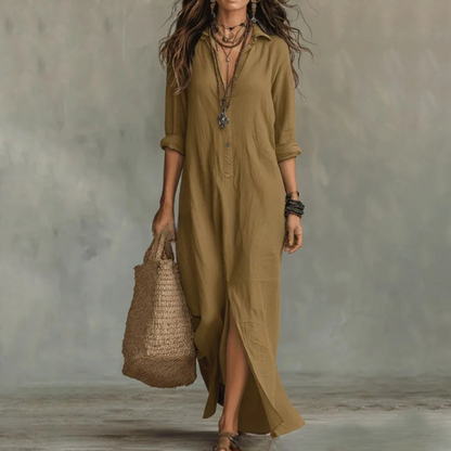 Anouk - Boho Linnen Maxi Jurk Dames met Hemdkraag en Knoopsluiting