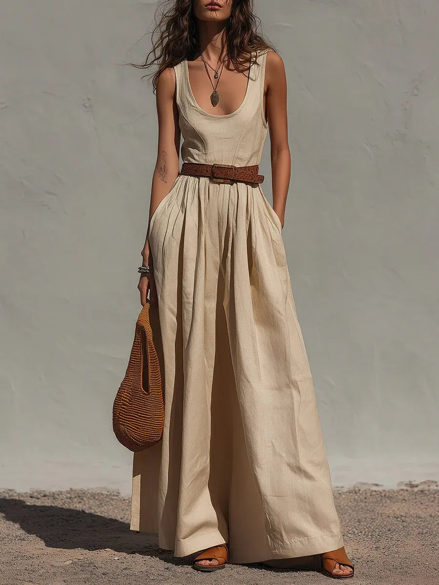 Anouk - Casual Linnen Jumpsuit Dames met Wijde Pijpen en Diepe Ronde Hals