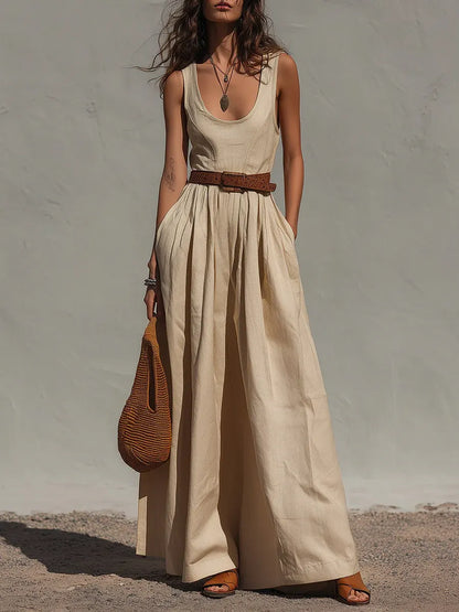 Anouk - Casual Linnen Jumpsuit Dames met Wijde Pijpen en Diepe Ronde Hals