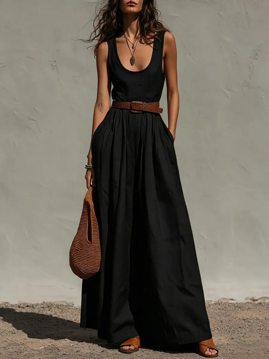 Anouk - Casual Linnen Jumpsuit Dames met Wijde Pijpen en Diepe Ronde Hals
