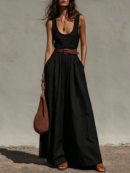 Anouk - Casual Linnen Jumpsuit Dames met Wijde Pijpen en Diepe Ronde Hals