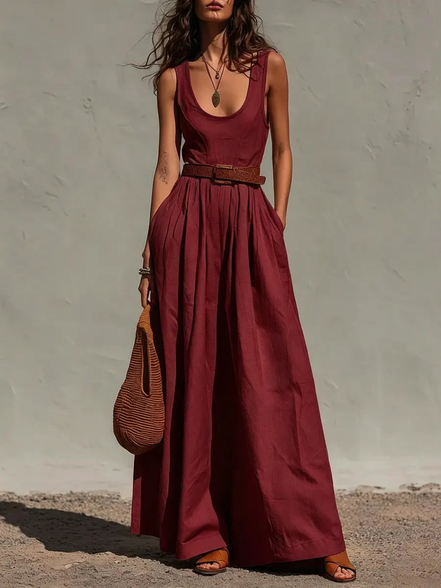 Anouk - Casual Linnen Jumpsuit Dames met Wijde Pijpen en Diepe Ronde Hals
