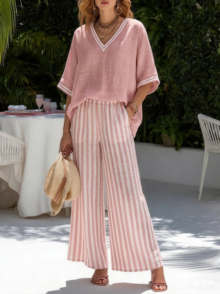 Anouk - Casual Linnen Set Dames met V-hals Top en Gestreepte Palazzo Broek