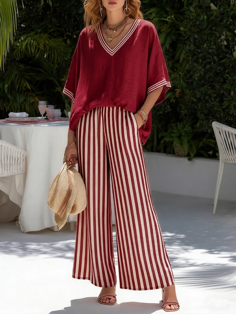 Anouk - Casual Linnen Set Dames met V-hals Top en Gestreepte Palazzo Broek