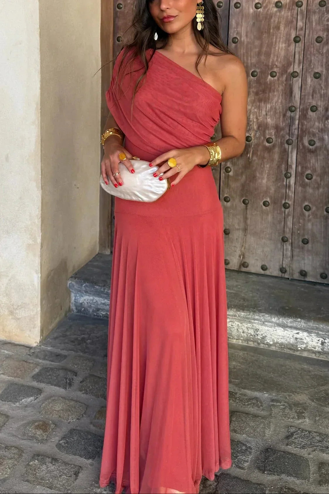 Anouk - Elegante Bruiloft Gastenjurk Dames met One-Shoulder en Geplooide Taille