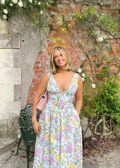Anouk - Feestelijke Bruiloft Gastenjurk Dames met Diepe V-hals en Bloemenprint