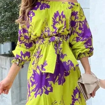 Anouk - Feestelijke Bruiloft Gastenjurk Dames met Off-Shoulder en Strikceintuur