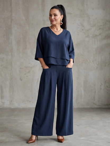 Anouk - Stijlvolle Linnen Co-ord Set Dames met Gelaagde Top en Palazzo Broek