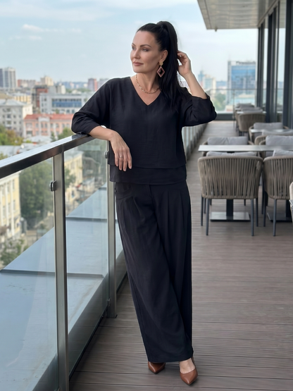 Anouk - Stijlvolle Linnen Co-ord Set Dames met Gelaagde Top en Palazzo Broek