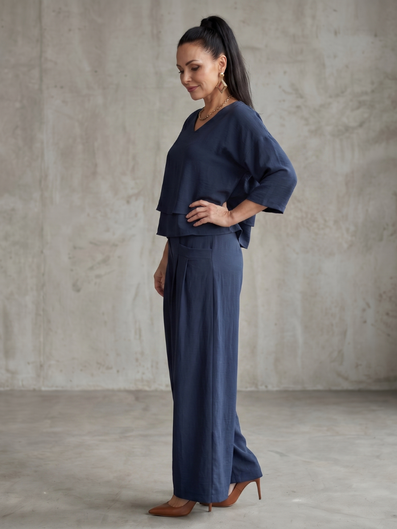 Anouk - Stijlvolle Linnen Co-ord Set Dames met Gelaagde Top en Palazzo Broek