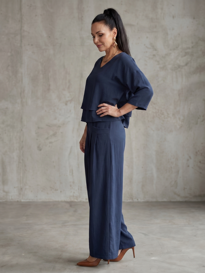 Anouk - Stijlvolle Linnen Co-ord Set Dames met Gelaagde Top en Palazzo Broek