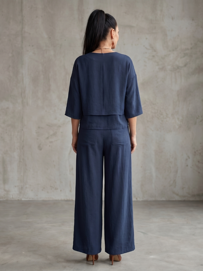 Anouk - Stijlvolle Linnen Co-ord Set Dames met Gelaagde Top en Palazzo Broek