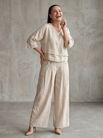 Anouk - Stijlvolle Linnen Co-ord Set Dames met Gelaagde Top en Palazzo Broek
