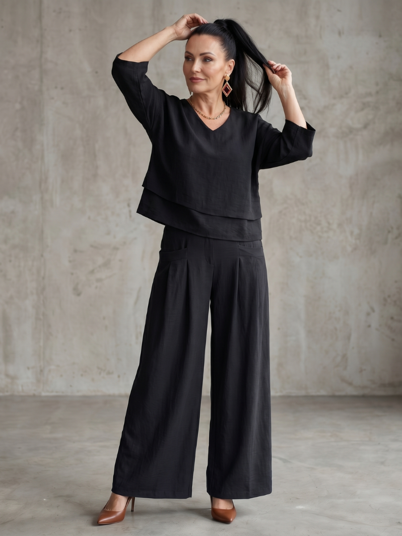 Anouk - Stijlvolle Linnen Co-ord Set Dames met Gelaagde Top en Palazzo Broek