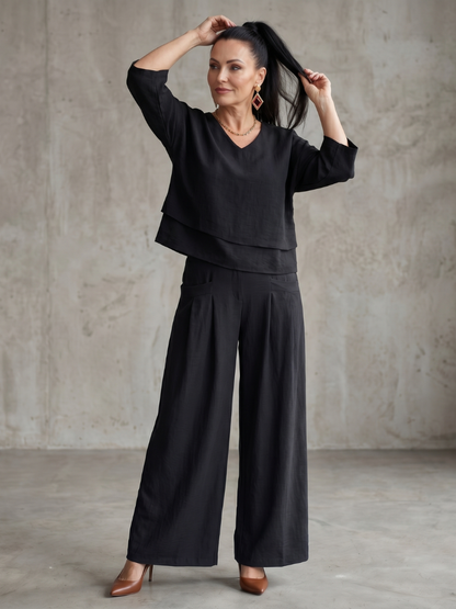 Anouk - Stijlvolle Linnen Co-ord Set Dames met Gelaagde Top en Palazzo Broek