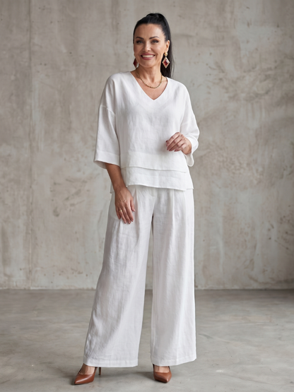 Anouk - Stijlvolle Linnen Co-ord Set Dames met Gelaagde Top en Palazzo Broek