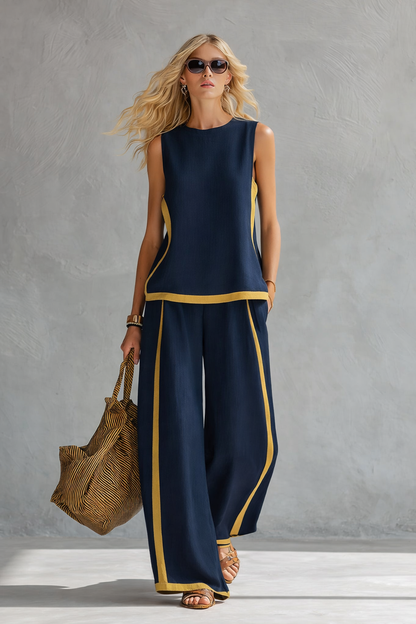 Anouk - Trendy Linnen Co-ord Set Dames met Mouwloze Top en Contrasterende Bies