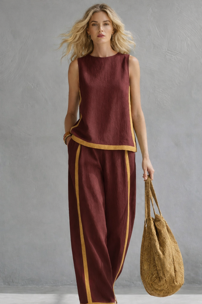 Anouk - Trendy Linnen Co-ord Set Dames met Mouwloze Top en Contrasterende Bies
