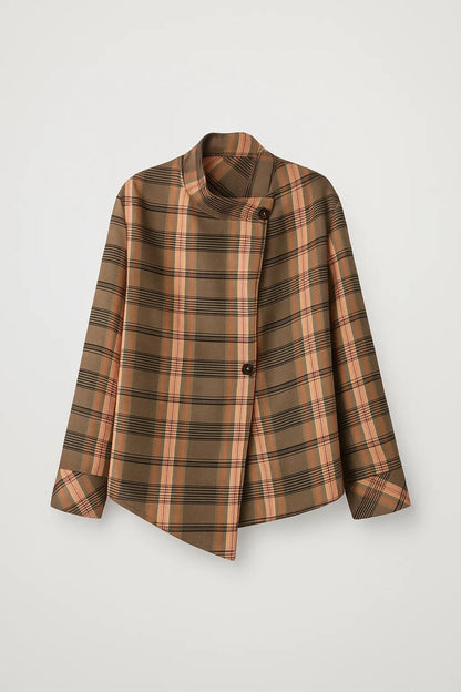 Asymmetrisch Damesjack | Ruitdessin met Opstaande Kraag | Elegant en Uniek