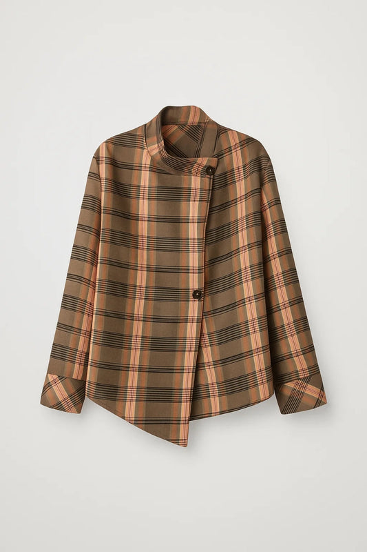 Asymmetrisch Damesjack | Ruitdessin met Opstaande Kraag | Elegant en Uniek