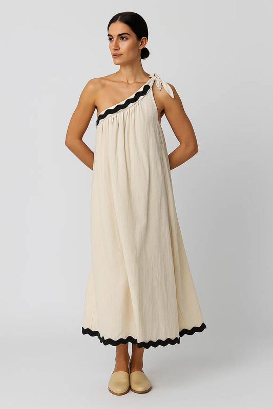 Asymmetrische Maxi Jurk | Eén-Schouder Design met Strik | Lichtgewicht en Ademend