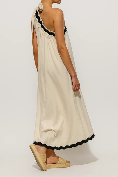 Asymmetrische Maxi Jurk | Eén-Schouder Design met Strik | Lichtgewicht en Ademend