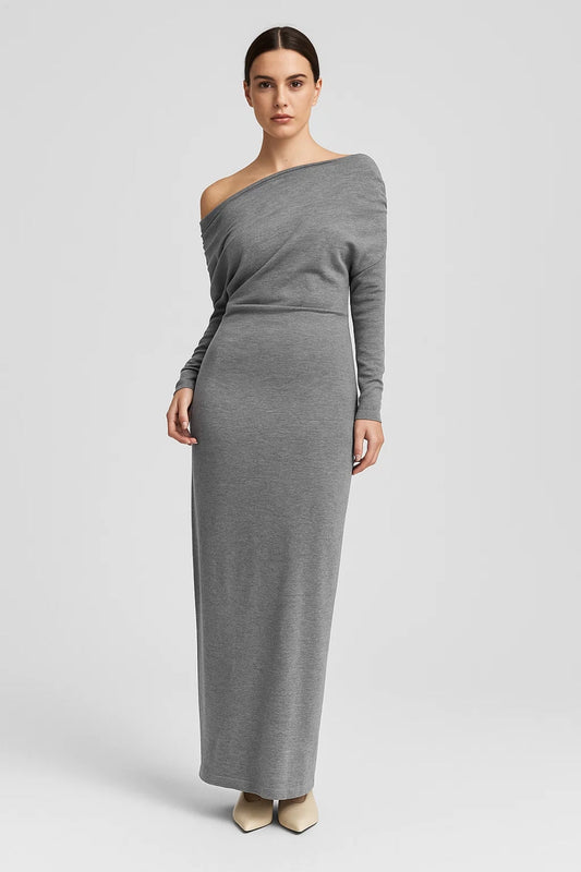 Asymmetrische Maxi Jurk | Off-Shoulder en Lange Mouwen | Lichtgewicht en Ademend