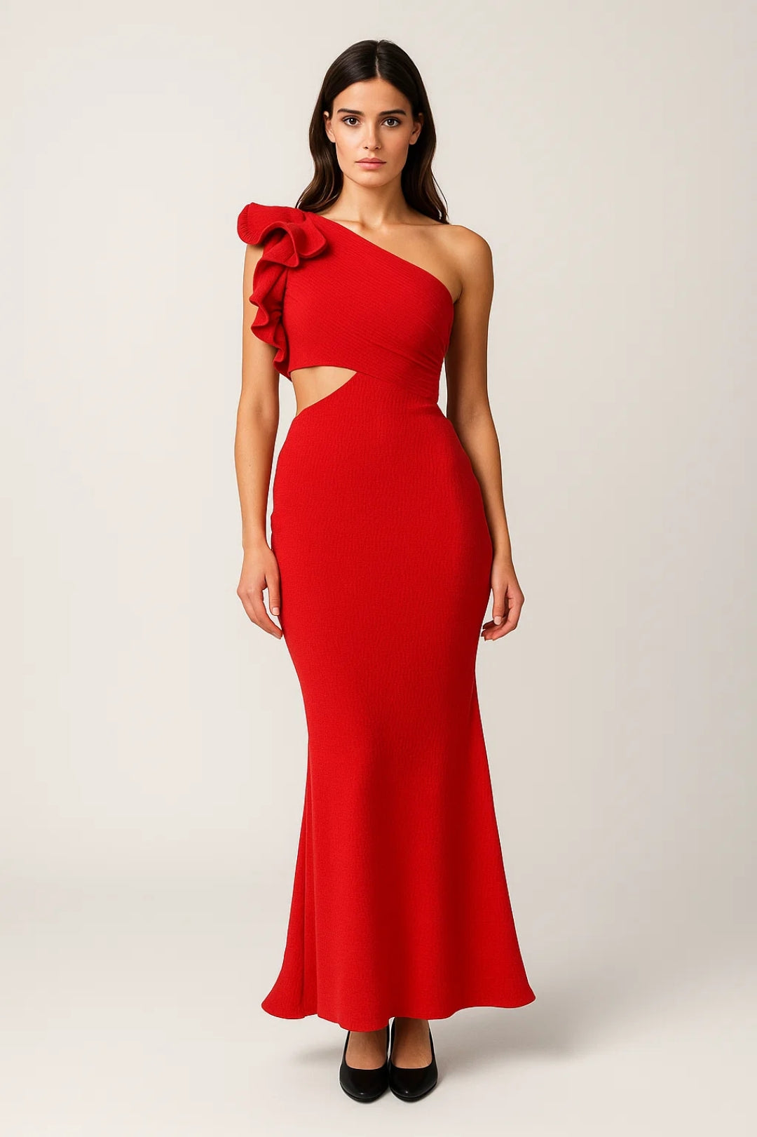 Asymmetrische Midi Jurk | Cut-Out Taille en Rucheschouder | Lichtgewicht en Ademend