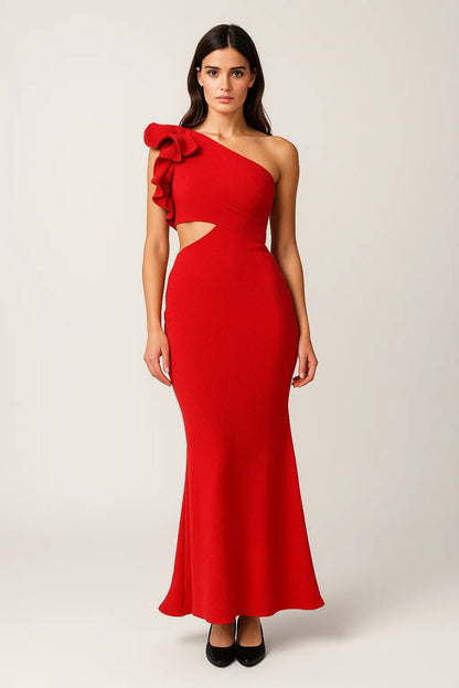 Asymmetrische Midi Jurk | Cut-Out Taille en Rucheschouder | Lichtgewicht en Ademend